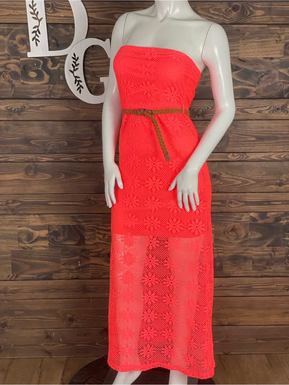 Rue 21 | Crochet Lace Strapless Neon Coral Lace Maxi Dress with Belt Tube Dress‎